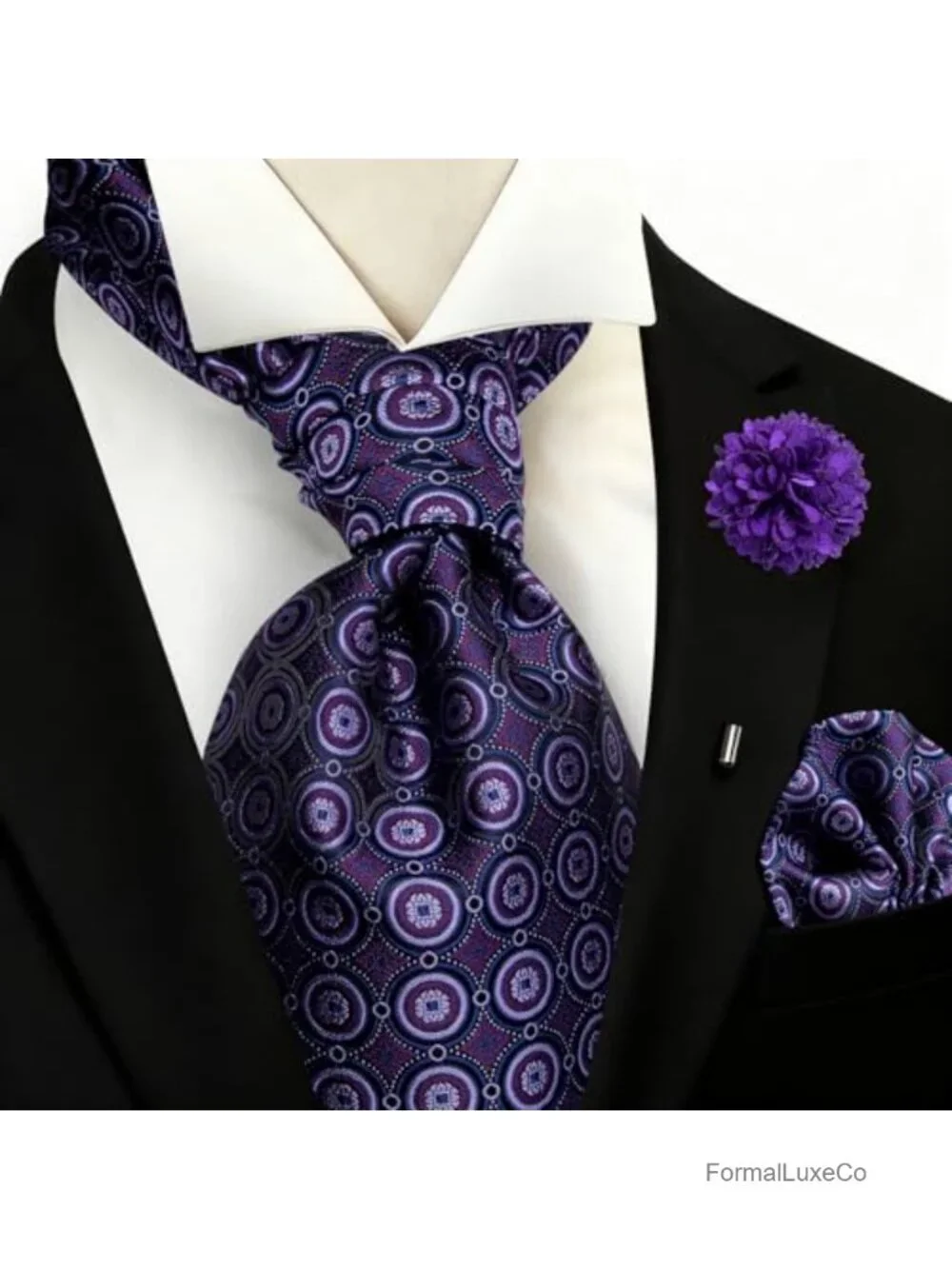 Men's Silk Ascot Tie Set with Pocket Square and Lapel Pin